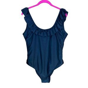 Sugar Coast Women's‎ Swimsuit Sz L Black Ruffle Trim One Piece